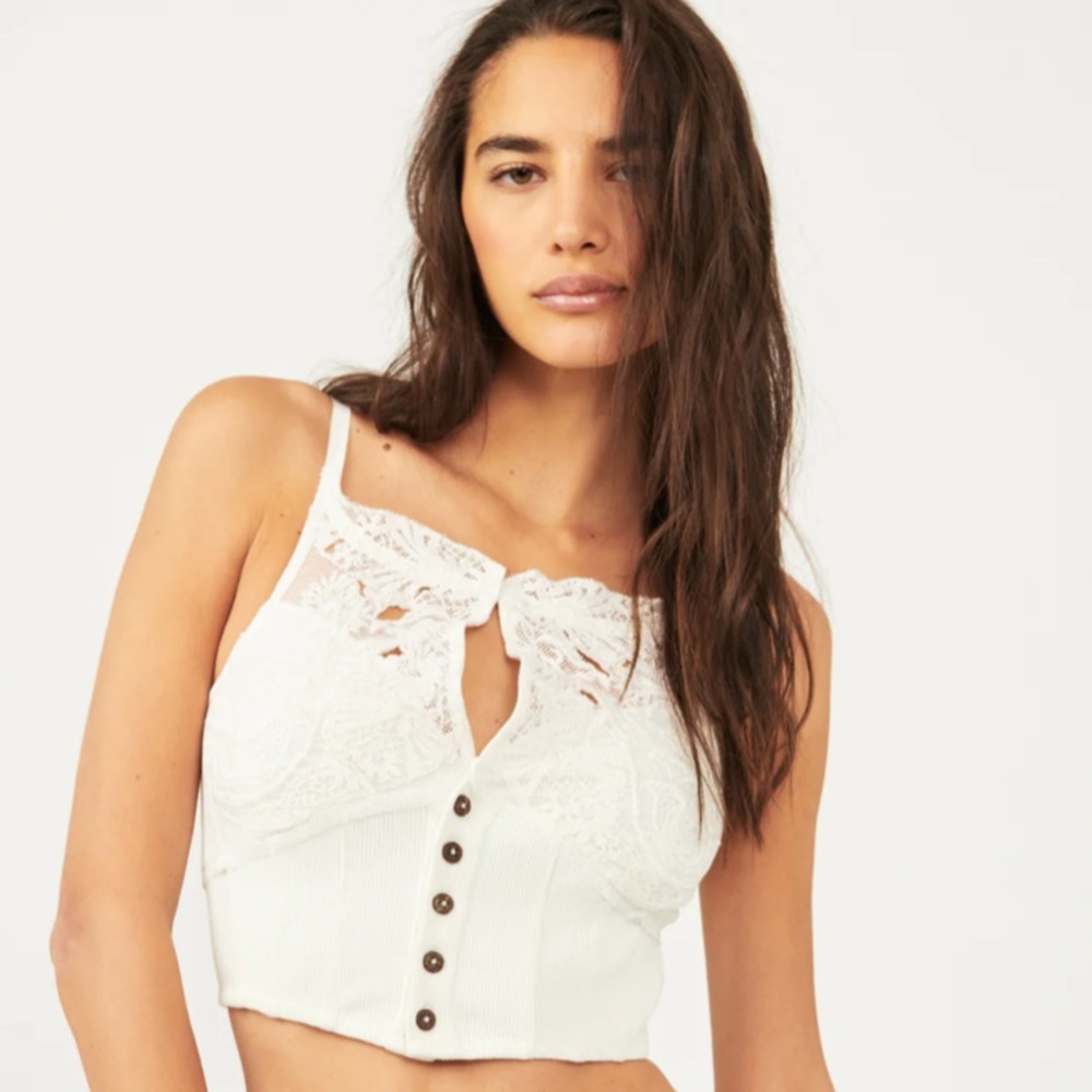 Free People White Lace Button Crop Top